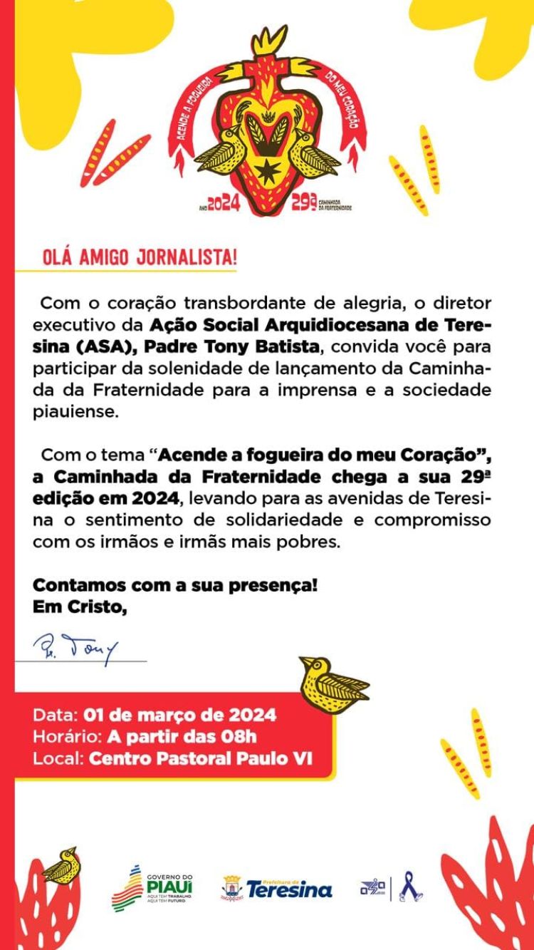 Dia 1o. de março é o lançamento da Caminhada da Fraternidade em Teresina 