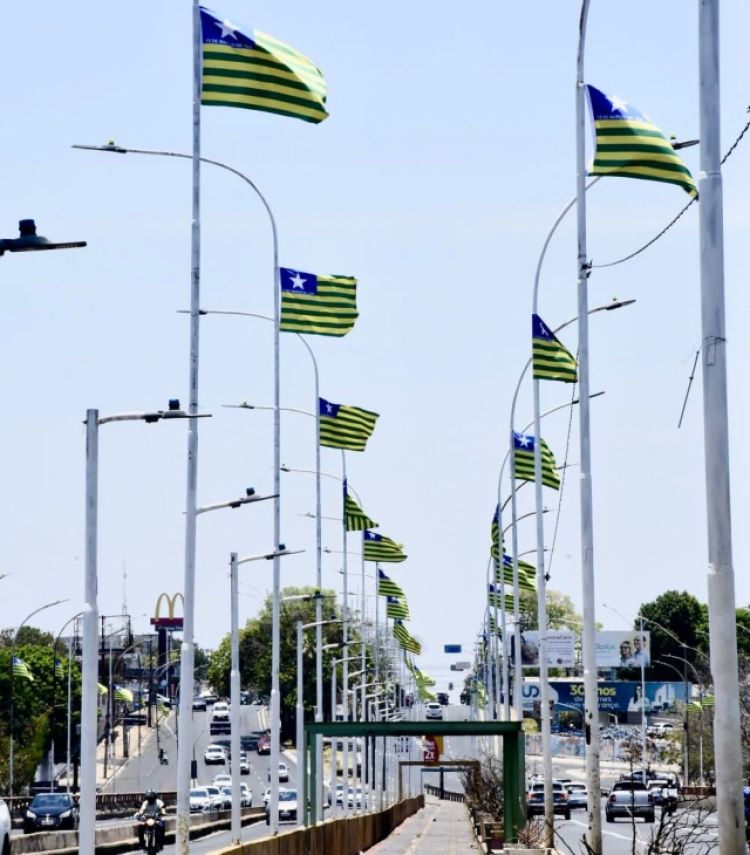 Bandeira do Piauí em avenidas e pontes, pelo Dia do Piauí; além de Teresina, as bandeiras também foram espalhadas em Parnaíba e Picos.