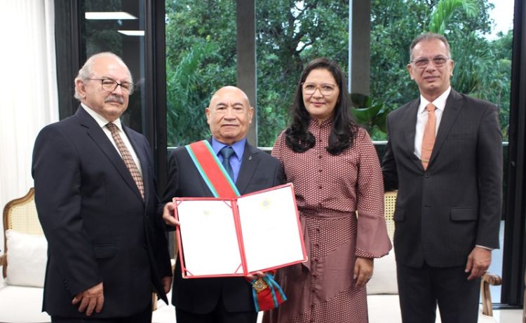 A medalha é ornamentada por raios solares, com resplendor de ouro, em forma de círculo, constituída de 20 raios de pontas bipartidas